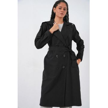 Trenci dama -  lung - doua randuri de nasturi - negru - textil