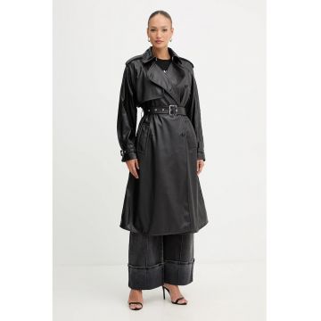 Trenci din piele ecologica cu revere decupate si curea in talie - Negru