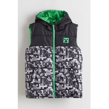 Vesta cu gluga - vatelina si model Minecraft - Verde/Gri deschis/Negru stins