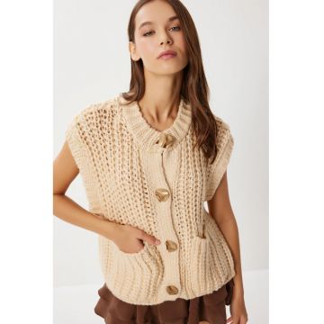 Vesta tricotata groasa - Happiness Istanbul - fara maneci - crem/bej - material confortabil - set de 2 culori - One Size