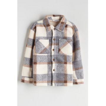Geaca cu interior din material teddy si model in carouri - Gri/Crem