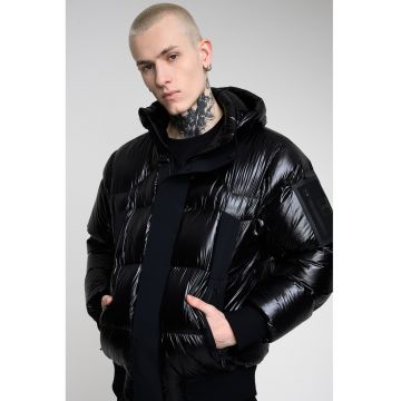 Geaca cu umplutura de puf si buzunar cu fermoar pe maneca - Negru