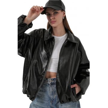 Geaca dama BigDart supradimensionata din imitatie de piele - neagra - textil