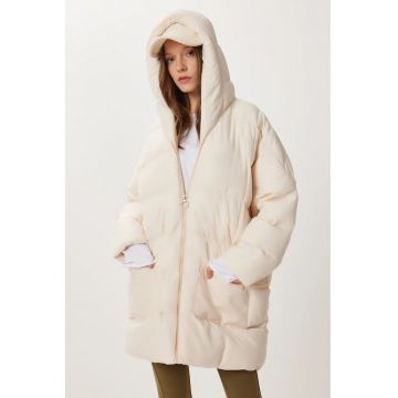Geaca dama - Happiness Istanbul - oversized - cu fermoar - crem natural - poliester