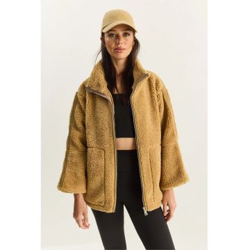 Geaca de dama -  supradimensionata - cu buzunare - maro - textil -