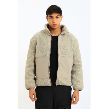 Geaca din material teddy si guler inalt - Kaki deschis