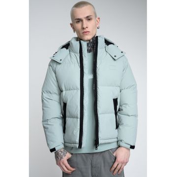 Geaca matlasata cu gluga si buzunare - Negru/Verde pal