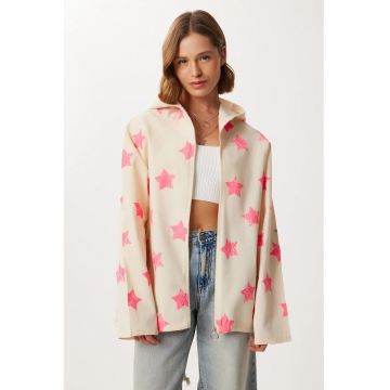 Geaca pentru dama - Happiness Istanbul - cu fermoar - bumbac - alb/roz