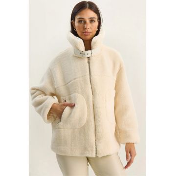 Geaca puffer oversized  crem natural - textil - cu inchidere cu fermoar