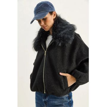 Geaca supradimensionata -  gri carbune - jerseu - cu fermoar si guler de blana
