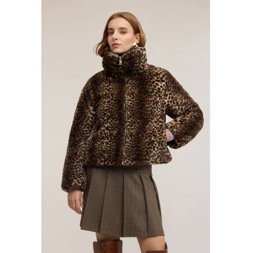 Haina din blana sintetica cu model reversibil - Negru stins/Maro camel