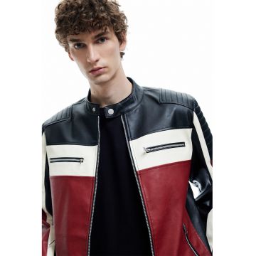 Jacheta biker din piele ecologica cu fermoar - Alb/Visiniu/Negru