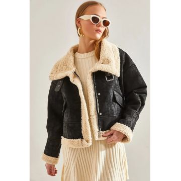 Jacheta bomber scurta dama -  piele ecologica cu blana artificiala - negru/alb