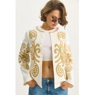 Jacheta brodata  crem/auriu - poliester - maneci lungi - guler rotund - elegant
