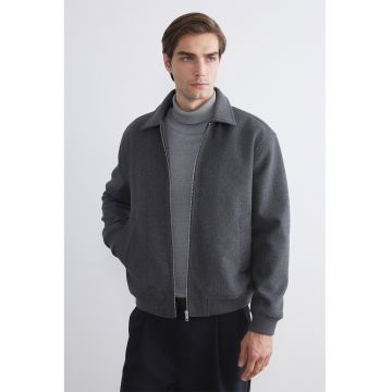 Jacheta-camasa cu guler clasic si captuseala din material teddy - Gri inchis