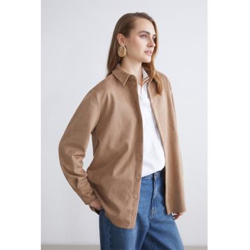 Jacheta-camasa de piele intoarsa sintetica - Maro camel