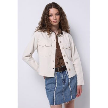 Jacheta-camasa din denim cu buzunare cu clapa pe piept - Bej deschis