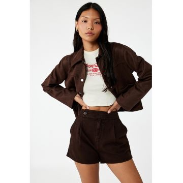 Jacheta-camasa din piele intoarsa ecologica cu buzunare aplicate - Maro inchis