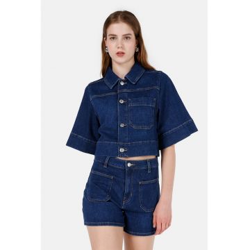 Jacheta crop din denim cu maneci scurte - Bleumarin