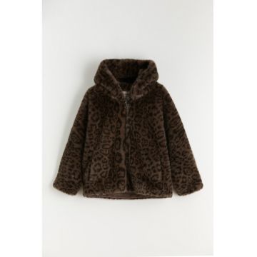 Jacheta cu blana sintetica si gluga - Bej deschis