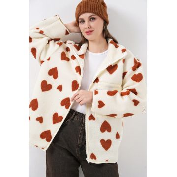 Jacheta dama  supradimensionat - buzunare detaliate - textil - ecru/maro