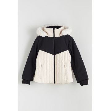 Jacheta de schi cu garnitura de blana sintetica pe gluga - Negru/Alb murdar