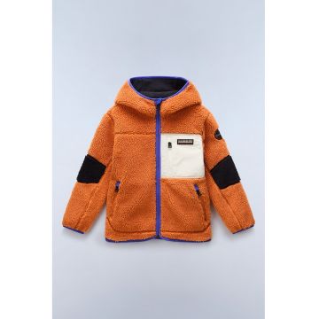 Jacheta din material teddy cu gluga si fermoar - Negru/Portocaliu mandarina