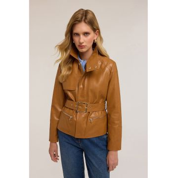Jacheta din piele ecologica cu cordon in talie
