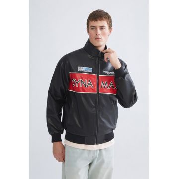 Jacheta din piele ecologica si model text - Rosu/Negru