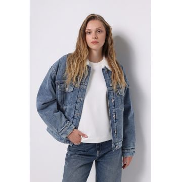 JAcheta lejera de denim cu guler de blana sintetica - Albastru melange