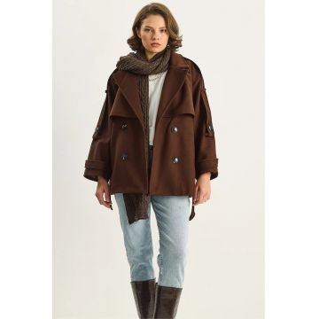 Palton dama  doua randuri de nasturi - curea - maro mocha inchis - fleece -