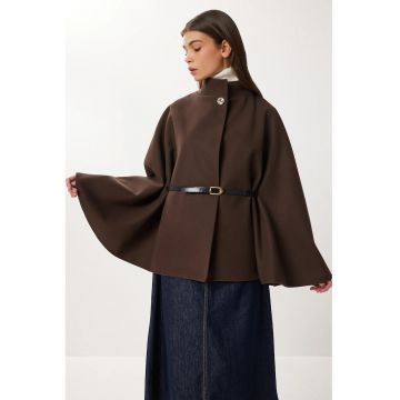 Palton dama - Happiness Istanbul - cu centura - maro - textil -