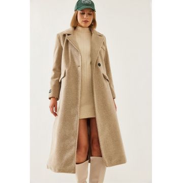 Palton dama -  lung texturat - guler de jacheta - bej - textil