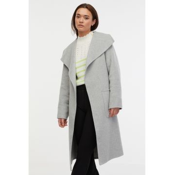Palton din amestec de lana cu cordon in talie - Gri deschis melange