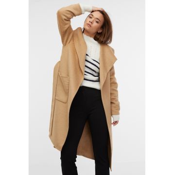 Palton din amestec de lana cu cordon in talie - Maro camel