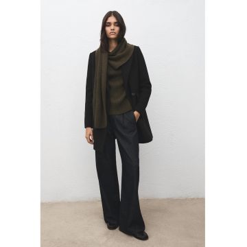 Palton lung din amestec de lana cu revere decupate si doua randuri de nasturi - Negru