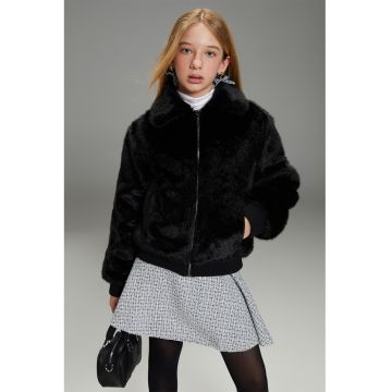 Palton scurt de blana sintetica cu buzunare laterale - Negru