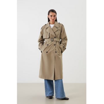 Trenci cu doua randuri de nasturi si cordon in talie - Kaki