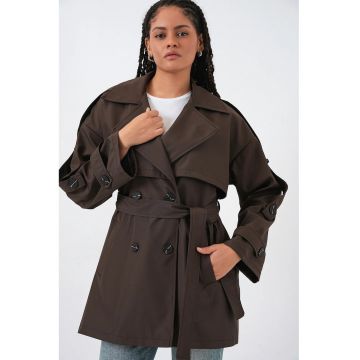 Trenci dama -  cu doua randuri de nasturi - maro mocca - textil