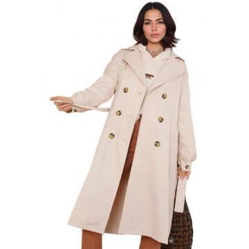 Trenci dama -  lung - cu doua randuri de nasturi - bej natural - poliester -