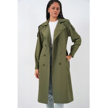 Trenci dama  lung - kaki - textil - cu doua randuri de nasturi