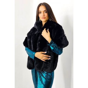 Capa tip sal din blana ecologica, Emeia, cu prindere in gaica, Negru, Marime OneSize
