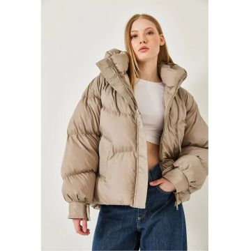 Geaca -  cu gluga - bej - piele ecologica -