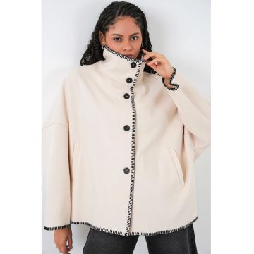 Geaca dama  textil - guler pe jumatate - ivoire - cusaturi decorative -