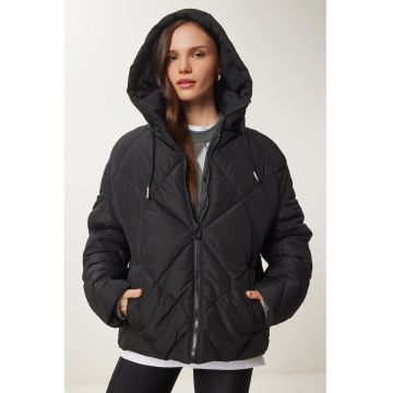 Geaca de puf - Happiness Istanbul - groasa - cu gluga - neagra - textila - Negru