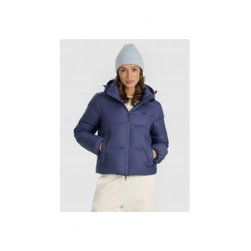 Geaca de puf  pentru femei - bleumarin - umplutura naturala - poliester - set cu gluga ajustabila -