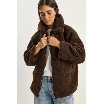Geaca matlasata supradimensionata  tricotata din plus - inchisa cu fermoar - maro mocca inchis