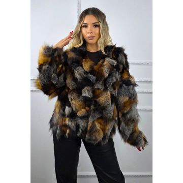 Haina de dama din blana naturala de vulpe FELYNA, croi mediu, Bej/Gri, Marime S/M/L