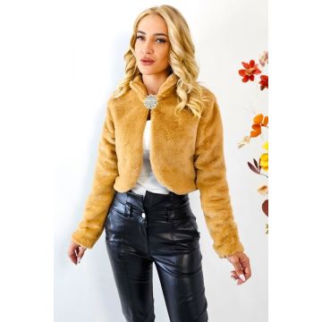 Haina scurta din blana ecologica Suzyana, cu maneca lunga si accesoriu inclus, Bej, Marime S/M