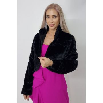 Haina scurta din blana ecologica Suzyana, cu maneca lunga si accesoriu inclus, Negru, Marime S/M